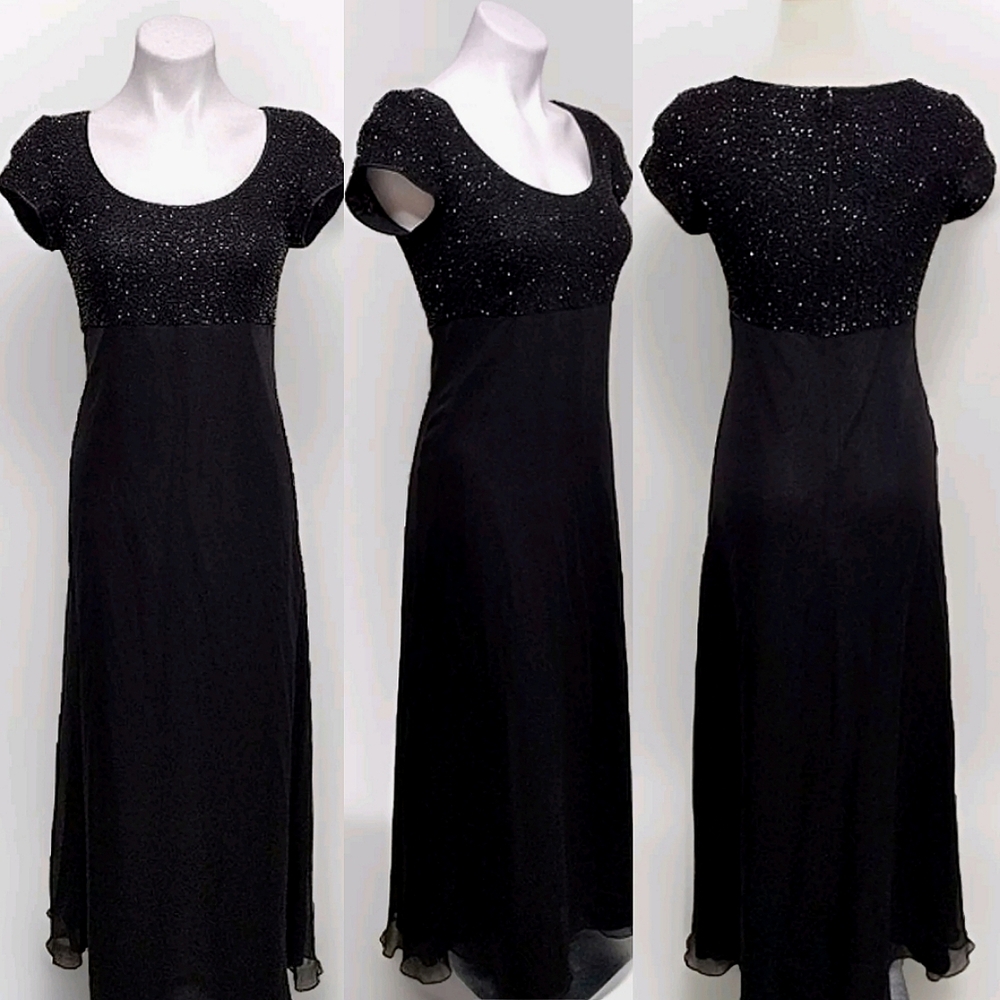 Vintage Bieff Basix 100% Silk Sequin Beaded Maxi Dress Elegant Formal Gown Sz 8